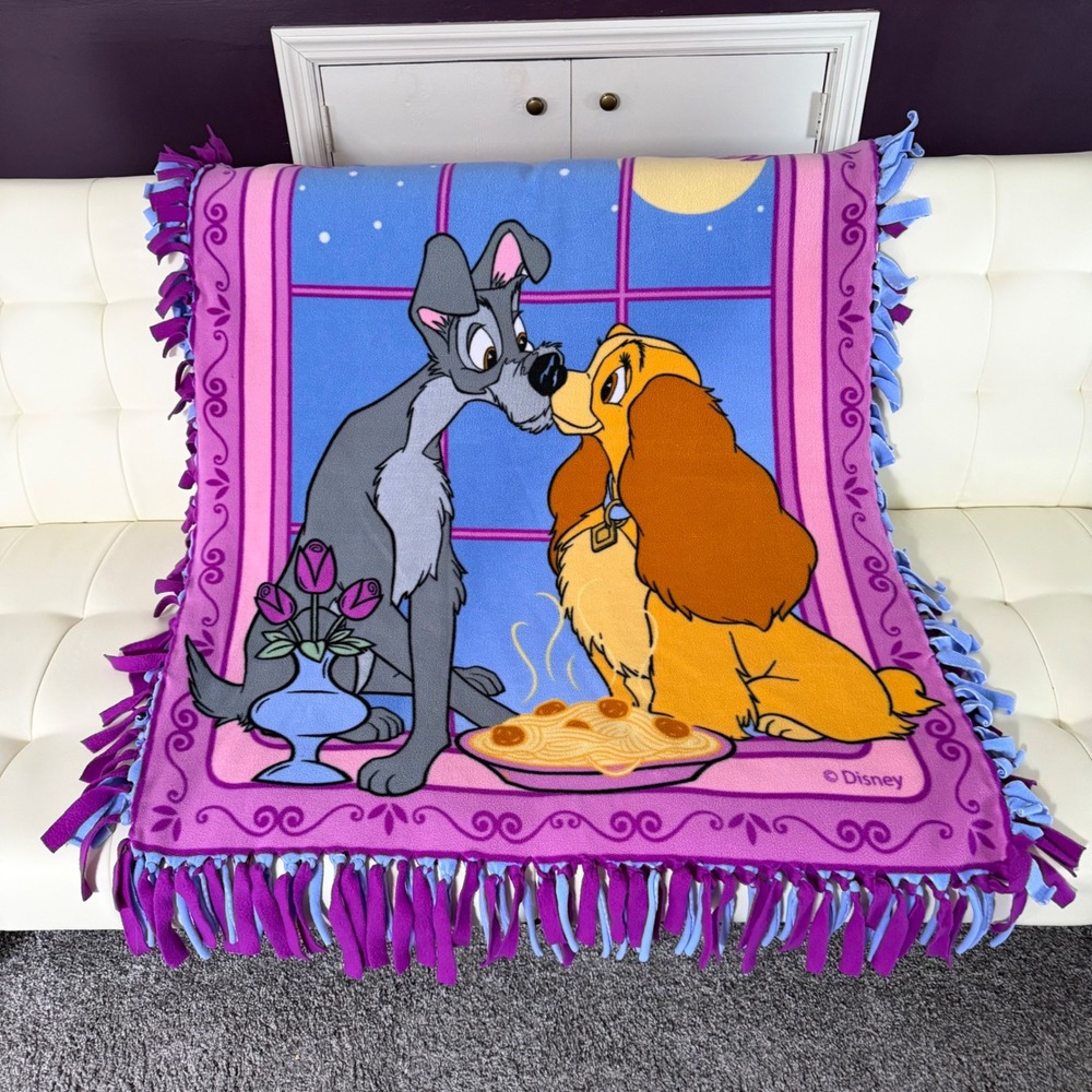 Vintage Disney Lady and the Tramp Blanket Fleece Fringe Purple‎ Pink 37 x 50.5